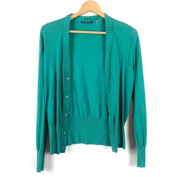 Tahari Turquoise Snap Up Cotton Cardigan Sweater Blouse - Large - Picture 2 of 10